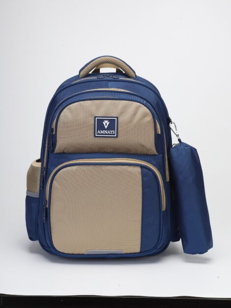 Cartable Scolaire AMNAYS avec Trousse – Sac à Dos Enfant Bleu / Beige